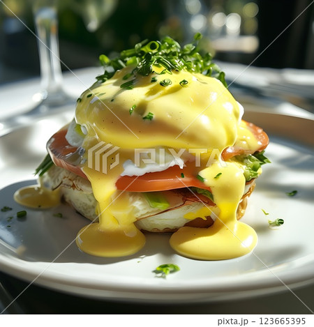 Sunlit Elegance: Classic Eggs Benedict with Glistening Hollandaise Sunlit Elegance: Classic Eggs Benedict with Glistening Hollandaise 123665395