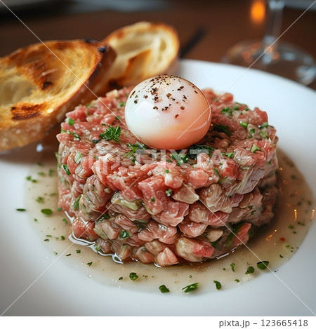 Refined Appetizer: Quail Egg-Topped Steak Tartare with Crispy Baguette 123665418