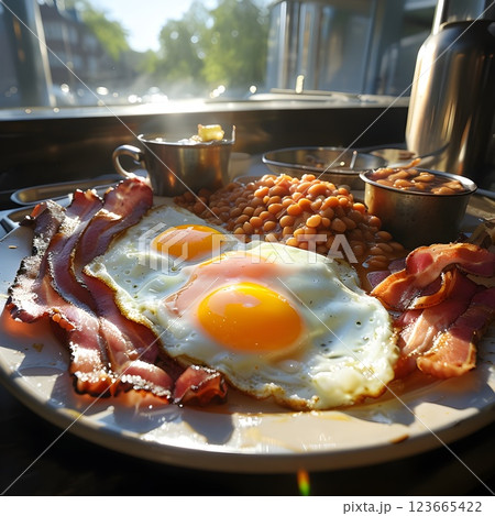 Early Sunlight on a Hearty English Breakfast Plate 123665422