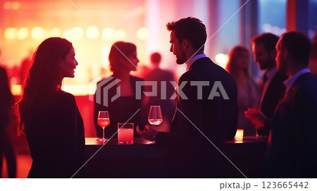 ビジネスパーティーで交流する男女 123665442