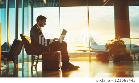空港でノートパソコンを使って仕事をするビジネスマン 123665443