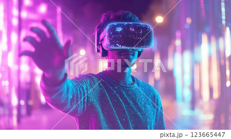 ネオンの光に包まれたVR体験をする男性 123665447