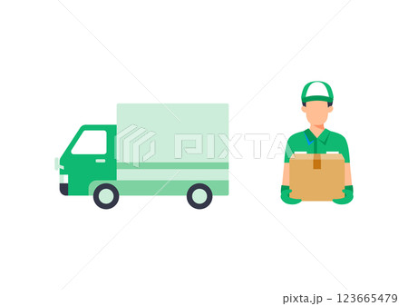 トラックの前で荷物を運ぶ男性スタッフのイラスト素材 123665479