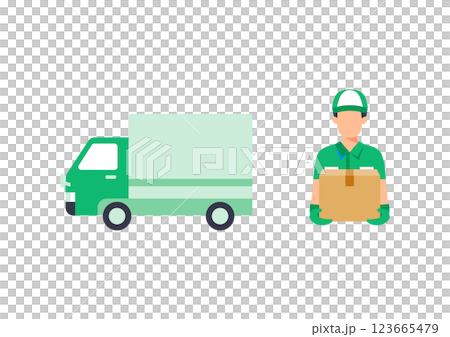 トラックの前で荷物を運ぶ男性スタッフのイラスト素材 123665479