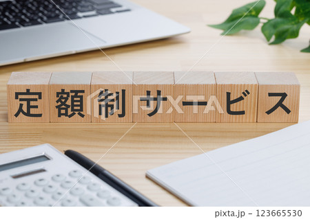テーブルの上に定額制サービスと書かれたブロック テーブルの上に定額制サービスと書かれたブロック 123665530
