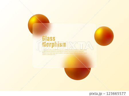 Glass morphism website landing page template. Gradient background with glass panel in the center and floating spheres. 123665577