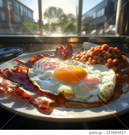 Morning Feast: Traditional English Breakfast Under Sunlit Warmth 123665627