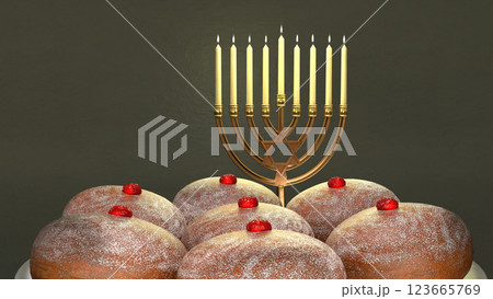 Traditional Hanukkah symbols, Hanukkah menorah and Jewish donuts sufganiyah Traditional Hanukkah symbols, Hanukkah menorah and Jewish donuts sufganiyah 123665769