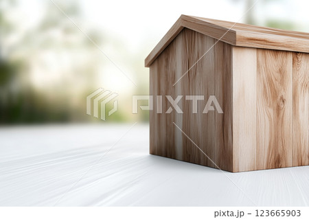Wooden house model on the white table with blurred background. 123665903