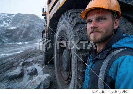 Portrait of a worker on the background of a large dump truck 123665904