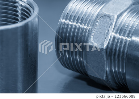 Close up scene the stainless pipe connector in the light blue scene. 123666089