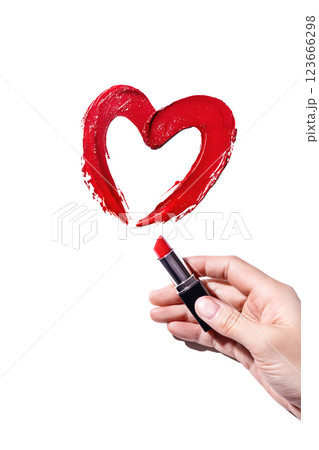 A woman's hand draws a heart with red lipstick white background vertical photo Cosmetic product swatch photo A woman's hand draws a heart with red lipstick white background vertical photo Cosmetic product swatch photo 123666298