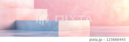 Ultra-smooth concrete surface adorned with a subtle holographic glow creates an inviting luxury space. The soft pastel tones enhance the modern aesthetic, perfect for branding 123666443
