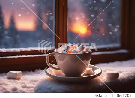 Cozy Hot Chocolate with Marshmallows by a Snowy Window at Sunset 123666703