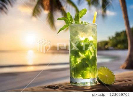 Refreshing Mojito in a Tall Glass with Sun Rays Through Palm Trees on a Tropical Beach 123666705