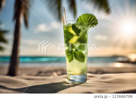 Tropical Beach Mojito in Sunlight with Palm Trees in the Background 123666706