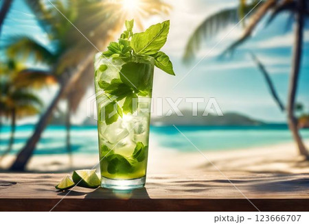 Sunlit Mojito on a Tropical Beach with Palm Trees and Golden Rays 123666707