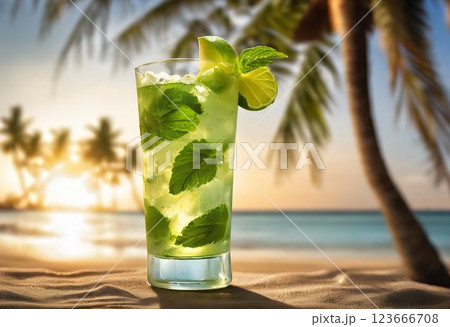 Sunlit Mojito on a Tropical Beach, Surrounded by Palm Trees and Ocean Breeze 123666708