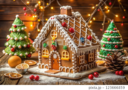 Gingerbread house decorated with colorful candies 123666859