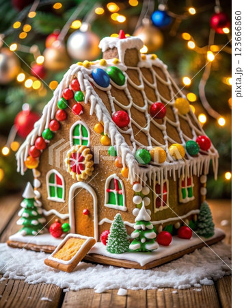 Gingerbread house decorated with colorful candies Gingerbread house decorated with colorful candies 123666860