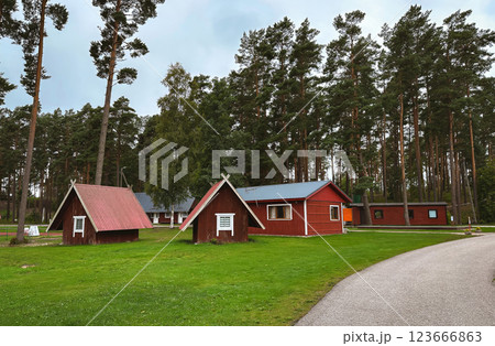 A row of small red houses are in a grassy field. 123666863