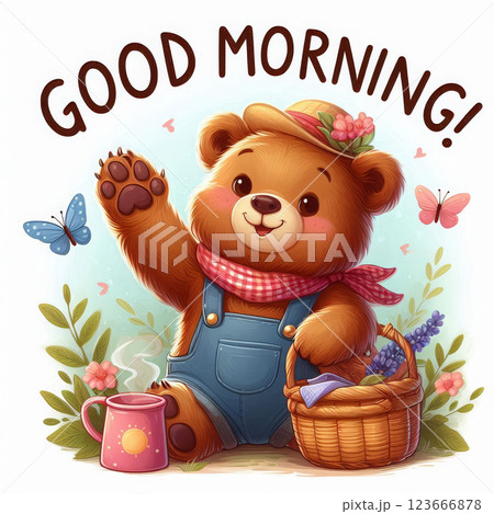 Teddy bear waving his paw and the inscription Good Morning. Illustration design for fashion graphics and prints on t-shirts. Teddy bear waving his paw and the inscription Good Morning. Illustration design for fashion graphics and prints on t-shirts. 123666878