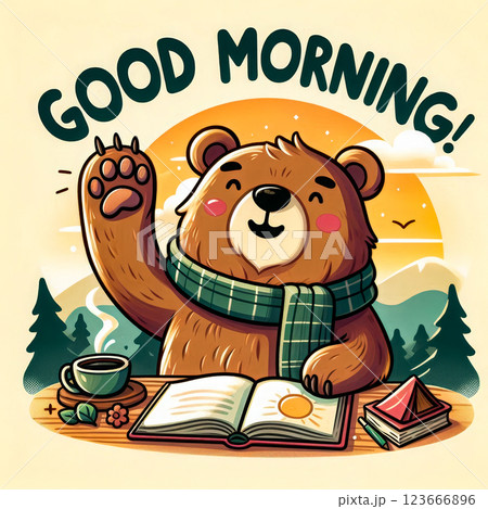 Teddy bear waving his paw and the inscription Good Morning. Illustration design for fashion graphics and prints on t-shirts. Teddy bear waving his paw and the inscription Good Morning. Illustration design for fashion graphics and prints on t-shirts. 123666896