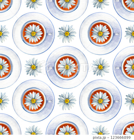 Watercolor pattern of chamomile tea in a cup and saucer on a white background. Good for postcards, recipes, menu, invitations, greeting cards, wallpaper and textiles. 123666899