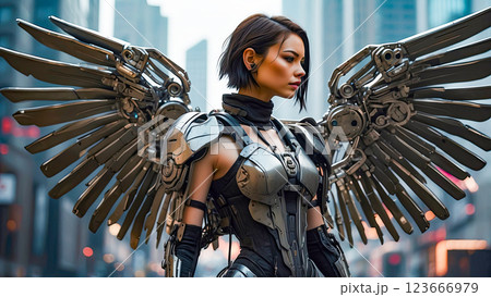 Beautiful droid girl with mechanical wings in cyberpunk and science fiction style. 123666979
