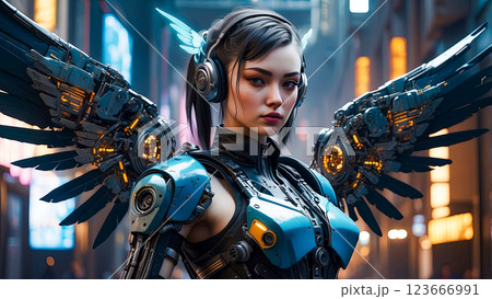 Beautiful droid girl with mechanical wings in cyberpunk and science fiction style. 123666991