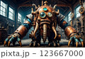 Steampunk style. Industrial mechanical monster made of metal and leather. Supernatural being. 123667000