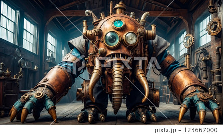 Steampunk style. Industrial mechanical monster made of metal and leather. Supernatural being. 123667000
