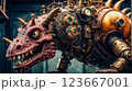 Steampunk style. Industrial mechanical monster made of metal and leather. Supernatural being. 123667001
