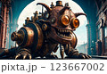 Steampunk style. Industrial mechanical monster made of metal and leather. Supernatural being. 123667002
