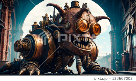 Steampunk style. Industrial mechanical monster made of metal and leather. Supernatural being. Steampunk style. Industrial mechanical monster made of metal and leather. Supernatural being. 123667002