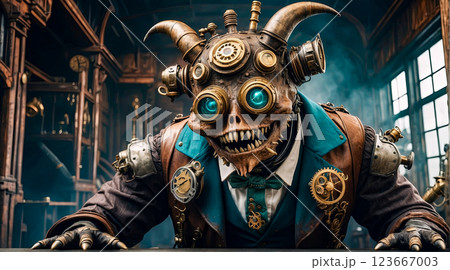 Steampunk style. Industrial mechanical monster made of metal and leather. Supernatural being. Steampunk style. Industrial mechanical monster made of metal and leather. Supernatural being. 123667003
