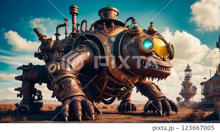 Steampunk style. Industrial mechanical monster made of metal and leather. Supernatural being. 123667005