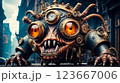 Steampunk style. Industrial mechanical monster made of metal and leather. Supernatural being. 123667006