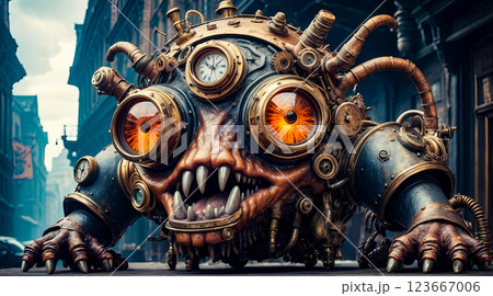 Steampunk style. Industrial mechanical monster made of metal and leather. Supernatural being. 123667006