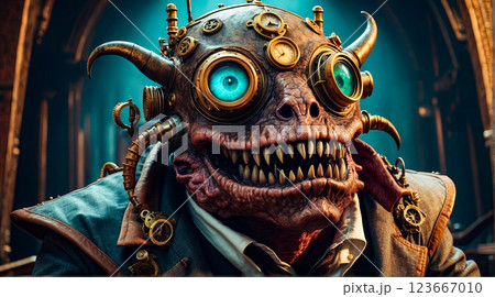 Steampunk style. Industrial mechanical monster made of metal and leather. Supernatural being. Steampunk style. Industrial mechanical monster made of metal and leather. Supernatural being. 123667010