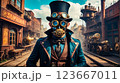 Steampunk style. A male scientist in a mask and top hat stands in an industrial area. Steam locomotive in the background. 123667011