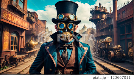 Steampunk style. A male scientist in a mask and top hat stands in an industrial area. Steam locomotive in the background. Steampunk style. A male scientist in a mask and top hat stands in an industrial area. Steam locomotive in the background. 123667011