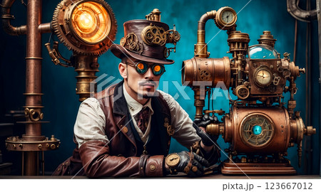 Steampunk style. Industrial mechanical monster made of metal and leather. Supernatural being. Steampunk style. Industrial mechanical monster made of metal and leather. Supernatural being. 123667012
