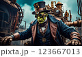 Steampunk style. A mutant with a green face and the body of a man in round glasses and a top hat sits on a mechanism made of copper parts 123667013