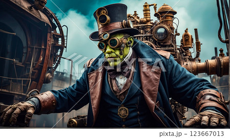 Steampunk style. A mutant with a green face and the body of a man in round glasses and a top hat sits on a mechanism made of copper parts Steampunk style. A mutant with a green face and the body of a man in round glasses and a top hat sits on a mechanism made of copper parts 123667013
