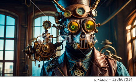 Steampunk style. Industrial mechanical monster made of metal and leather. Supernatural being. Steampunk style. Industrial mechanical monster made of metal and leather. Supernatural being. 123667014