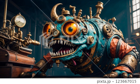 Steampunk style. Industrial mechanical monster made of metal and leather. Supernatural being. Steampunk style. Industrial mechanical monster made of metal and leather. Supernatural being. 123667015