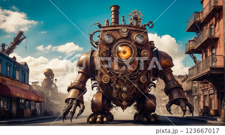 Steampunk style. Industrial mechanical monster made of metal and leather. Supernatural being. Steampunk style. Industrial mechanical monster made of metal and leather. Supernatural being. 123667017