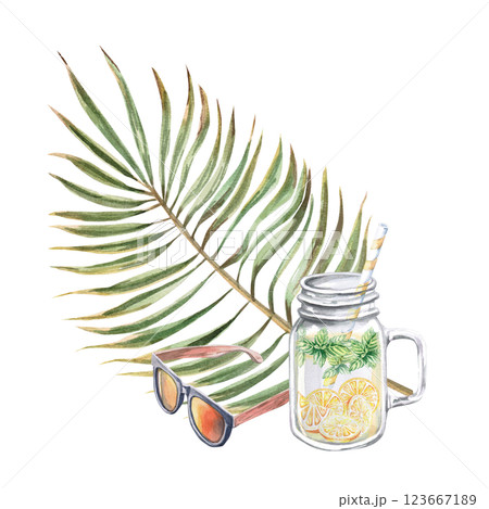 Composition with a glass of lemonade, glasses and a palm branch. Isolated watercolor illustration for the design of postcards, summer restaurants, printing of tourist brochures Composition with a glass of lemonade, glasses and a palm branch. Isolated watercolor illustration for the design of postcards, summer restaurants, printing of tourist brochures 123667189