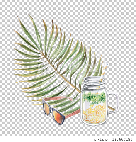Composition with a glass of lemonade, glasses and a palm branch. Isolated watercolor illustration for the design of postcards, summer restaurants, printing of tourist brochures Composition with a glass of lemonade, glasses and a palm branch. Isolated watercolor illustration for the design of postcards, summer restaurants, printing of tourist brochures 123667189